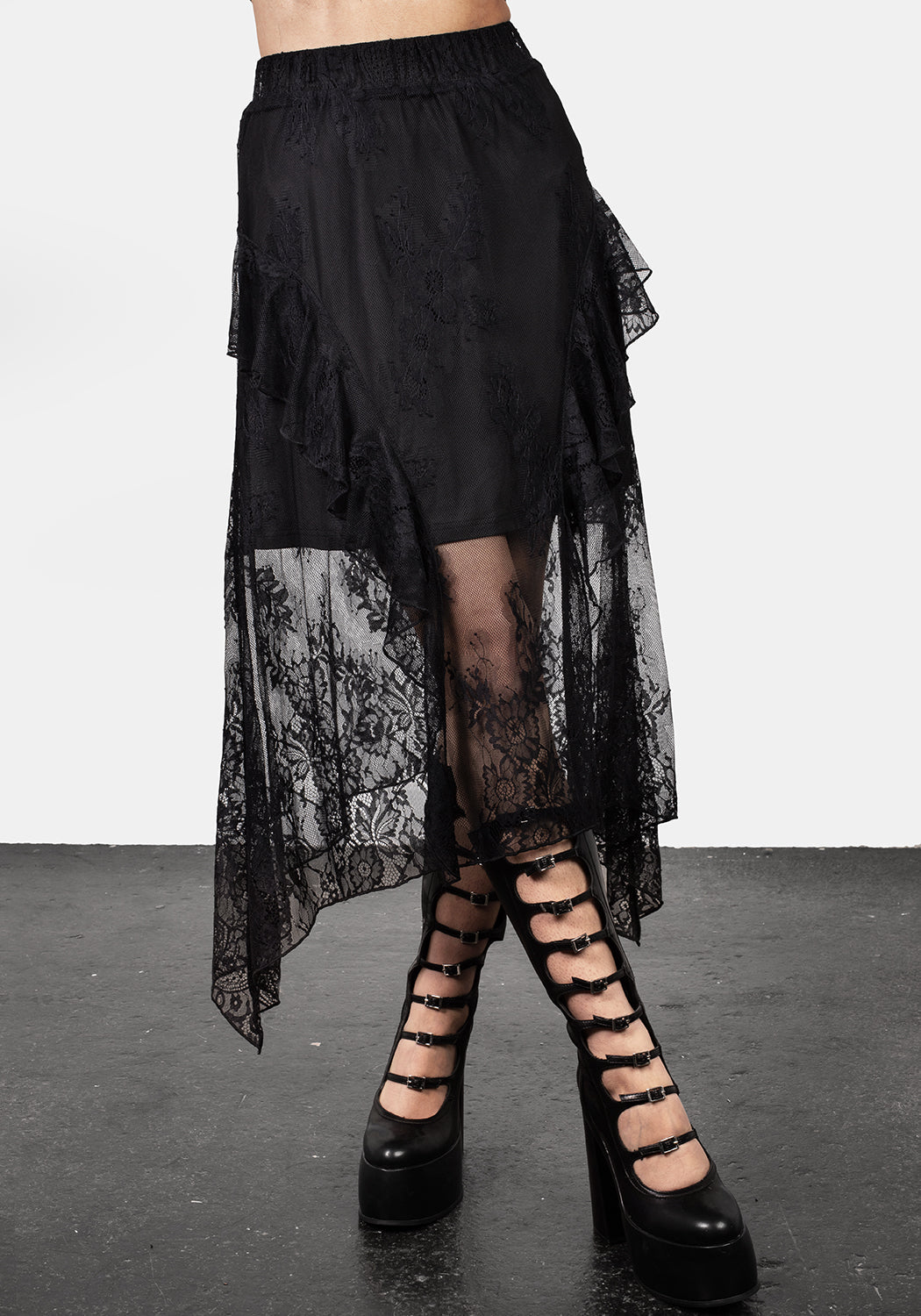 Black Lace Midaxi Skirt with Flowy Hem & Elastic Waist | Mourning Cascade