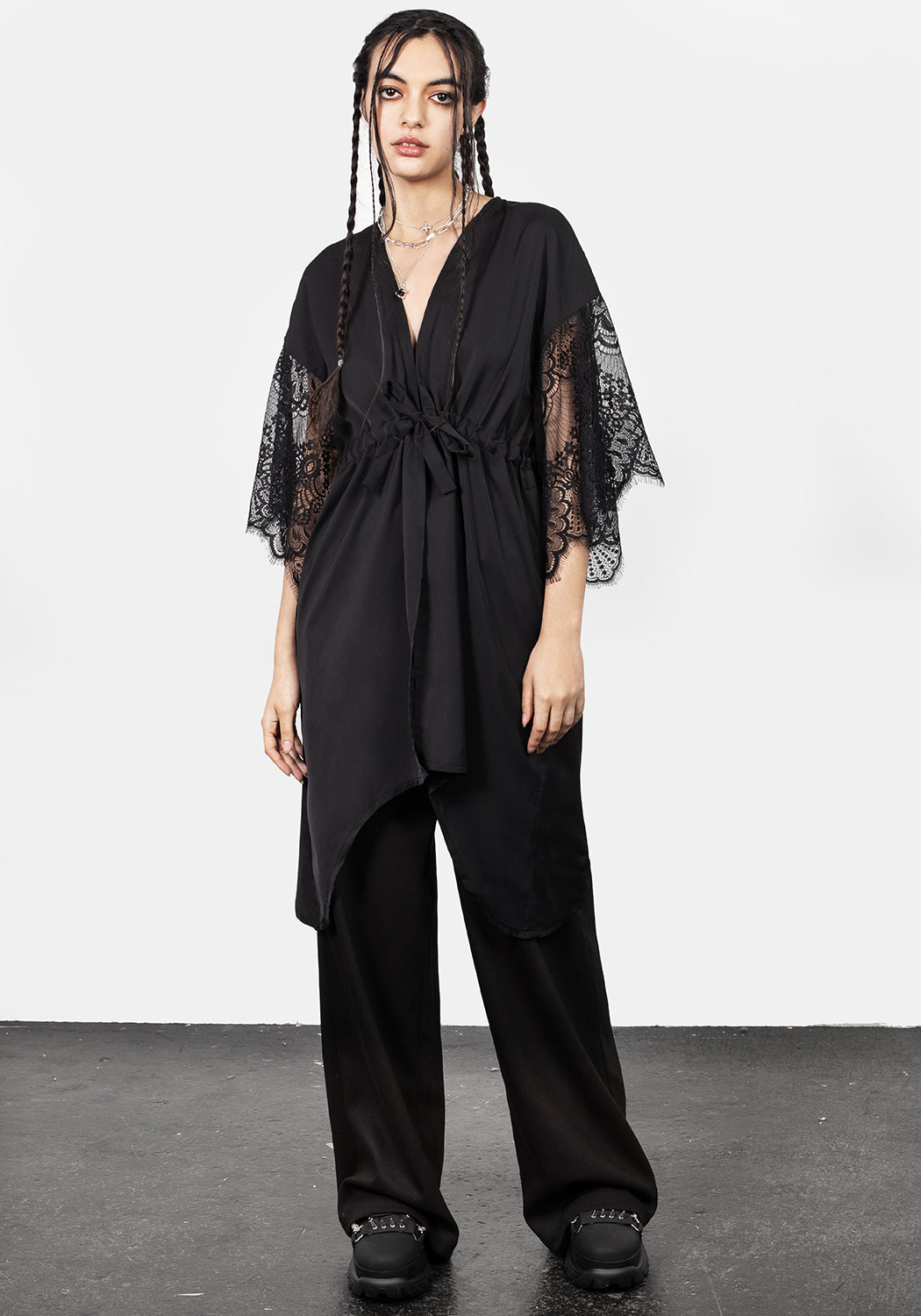 Black Lace-Sleeve Kimono Jacket with Cinching Belt | Departed