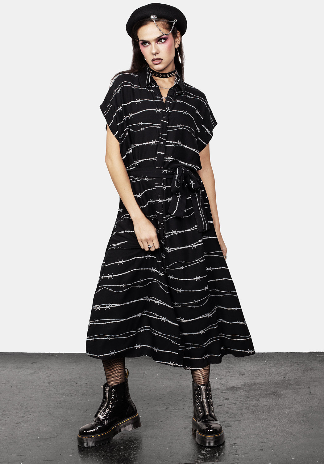 Black Barbed Wire Midi Shirt Dress with Belt | Relaxed Fit
