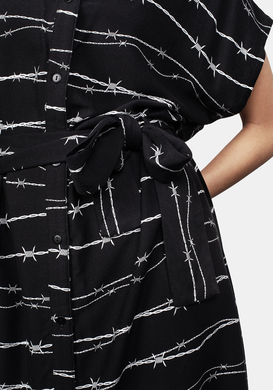 Black Barbed Wire Midi Shirt Dress with Belt | Relaxed Fit