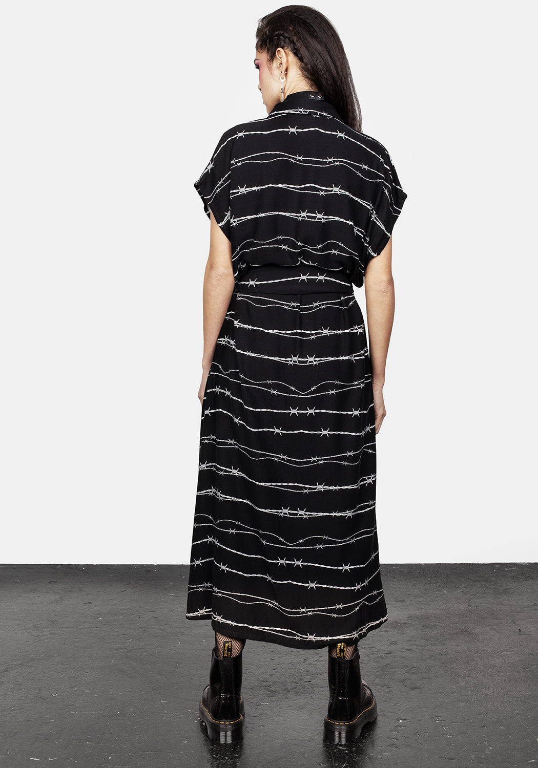 Black Barbed Wire Midi Shirt Dress with Belt | Relaxed Fit
