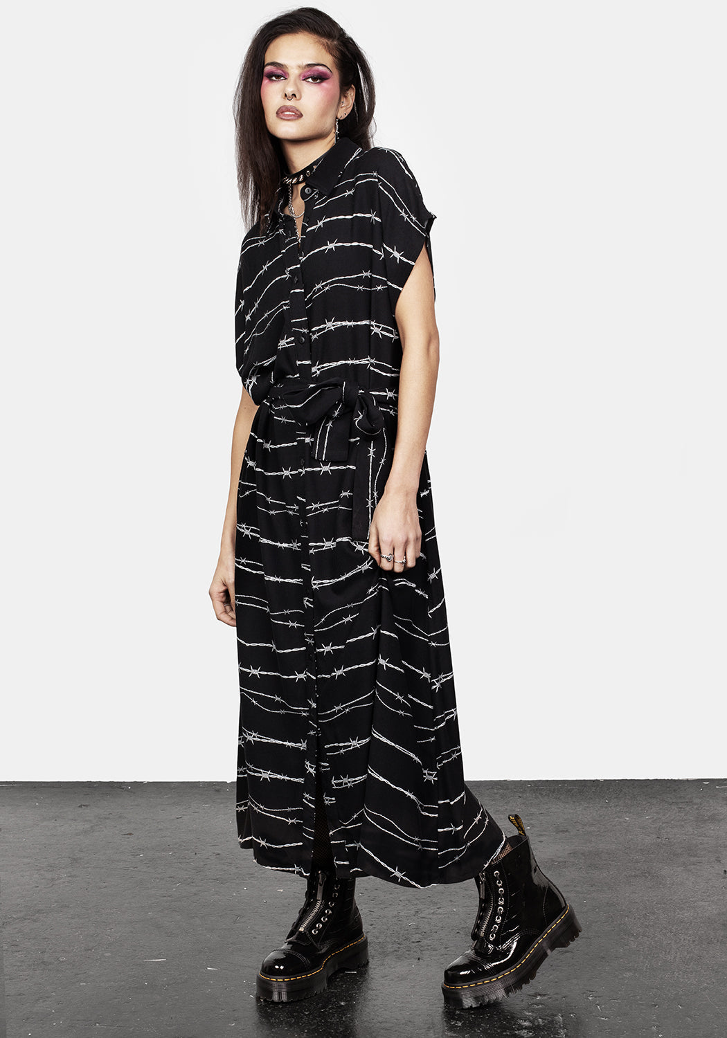 Black Barbed Wire Midi Shirt Dress with Belt | Relaxed Fit