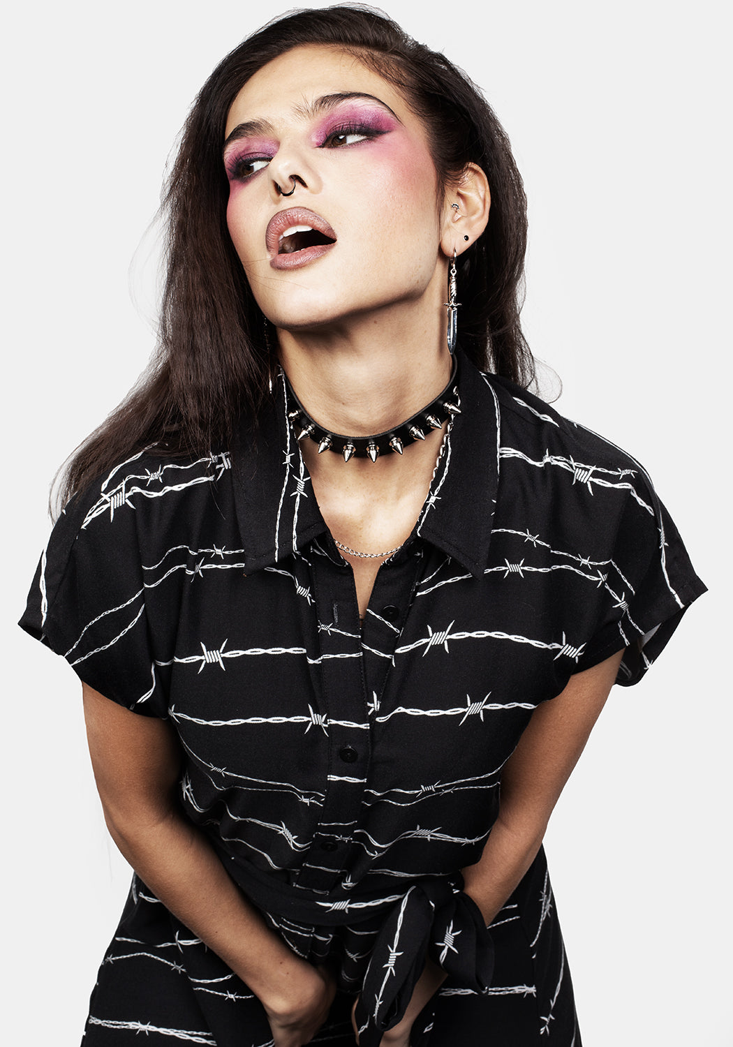 Black Barbed Wire Midi Shirt Dress with Belt | Relaxed Fit