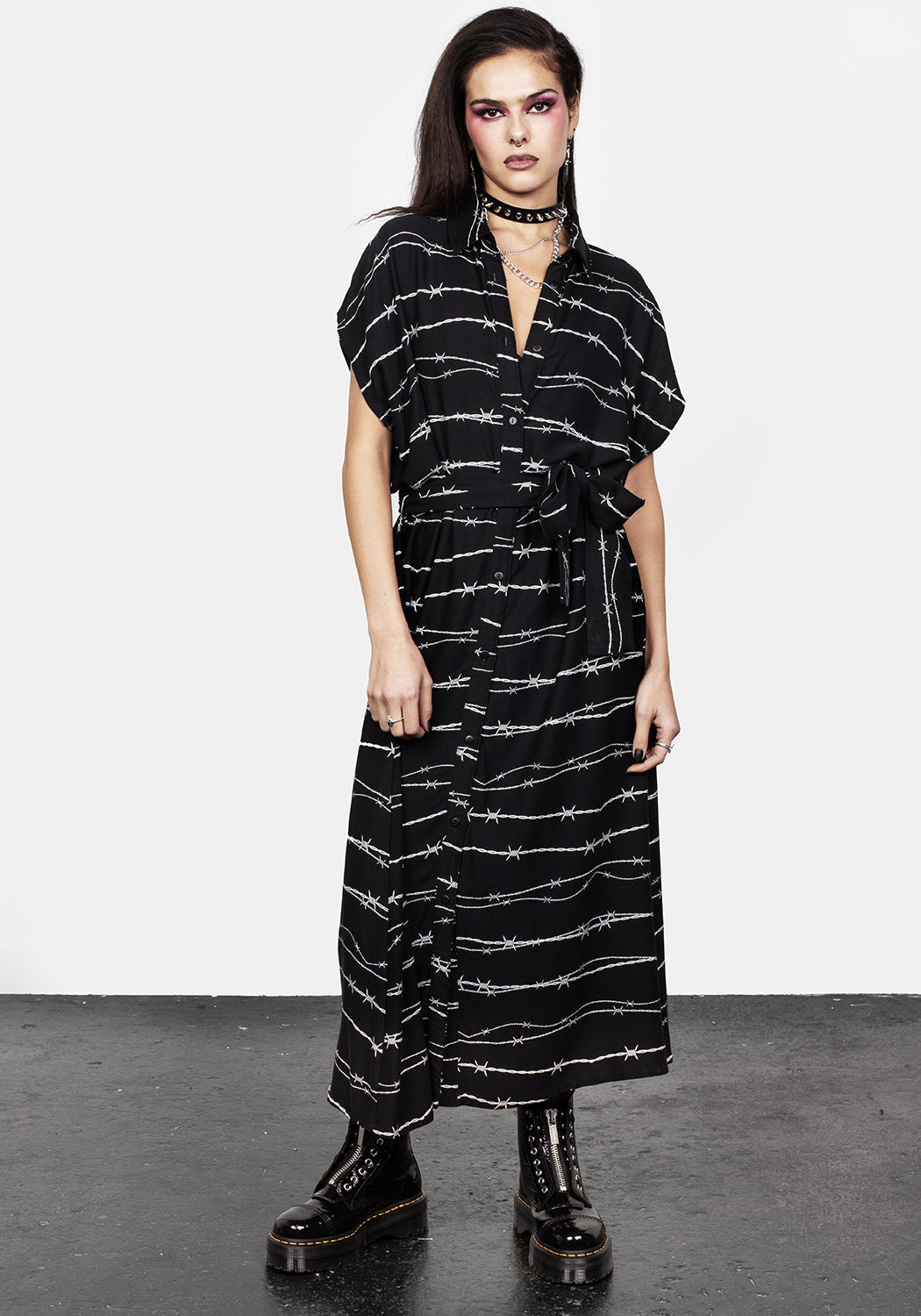 Black Barbed Wire Midi Shirt Dress with Belt | Relaxed Fit