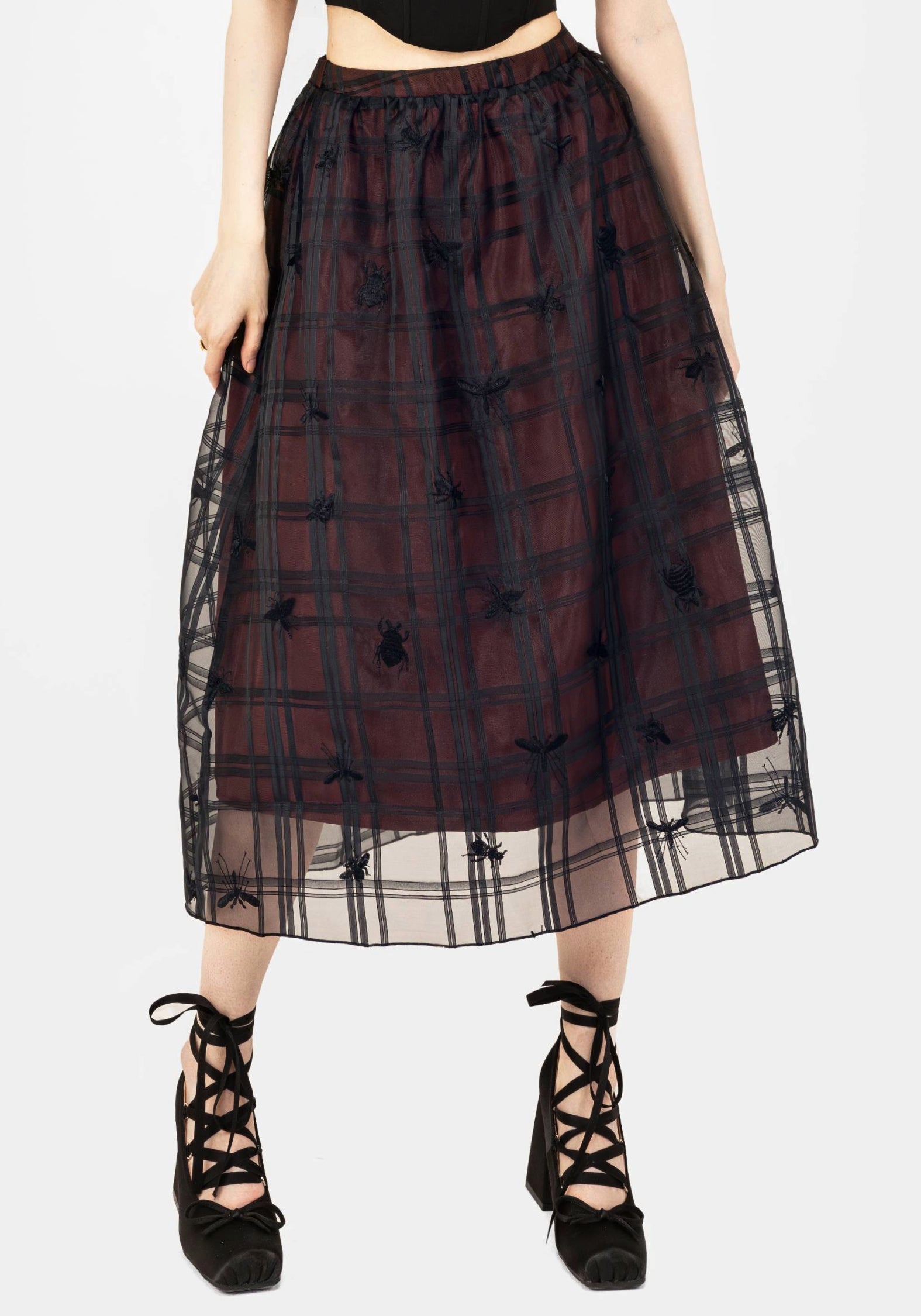 Black Check & Bug Embroidered Midaxi Skirt with Elastic Waist | Sedona