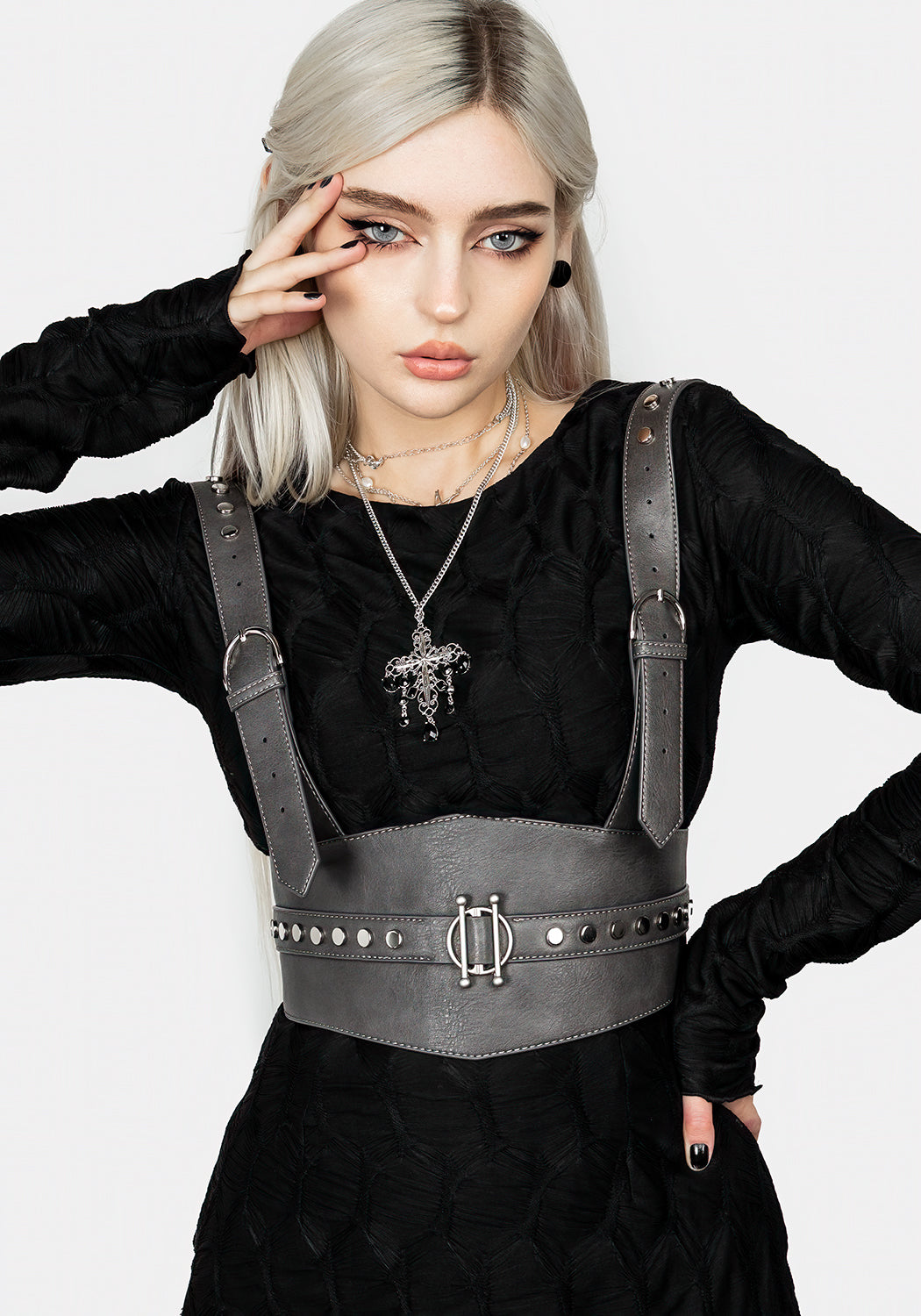 Grey Studded Underbust Belt Harness with Adjustable Buckles | Ciri