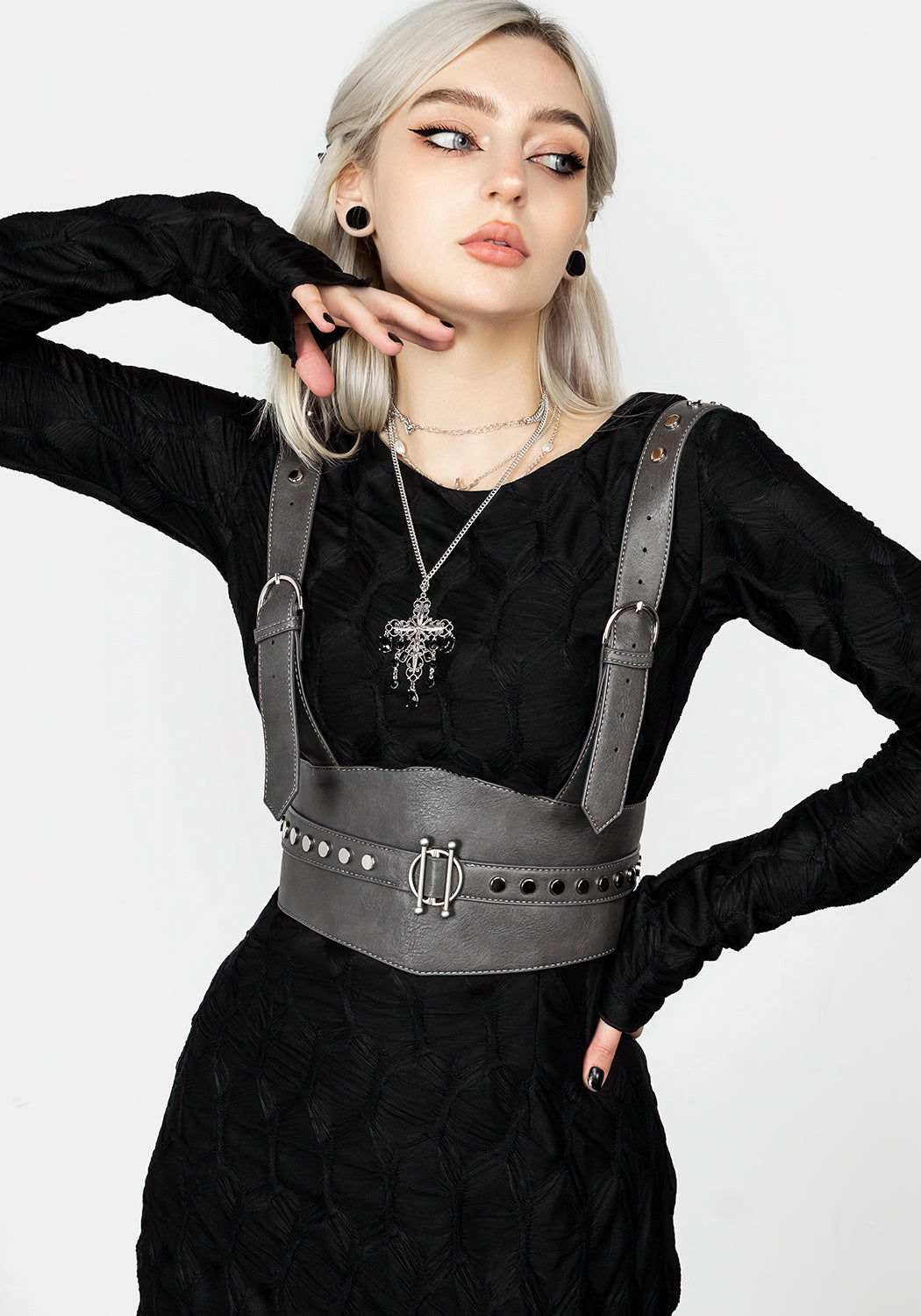 Grey Studded Underbust Belt Harness with Adjustable Buckles | Ciri