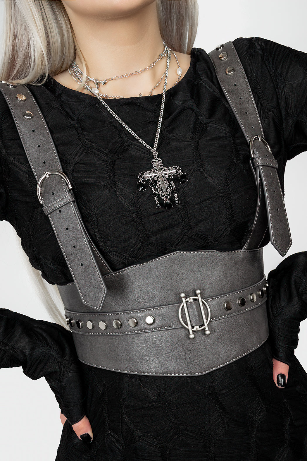 Grey Studded Underbust Belt Harness with Adjustable Buckles | Ciri