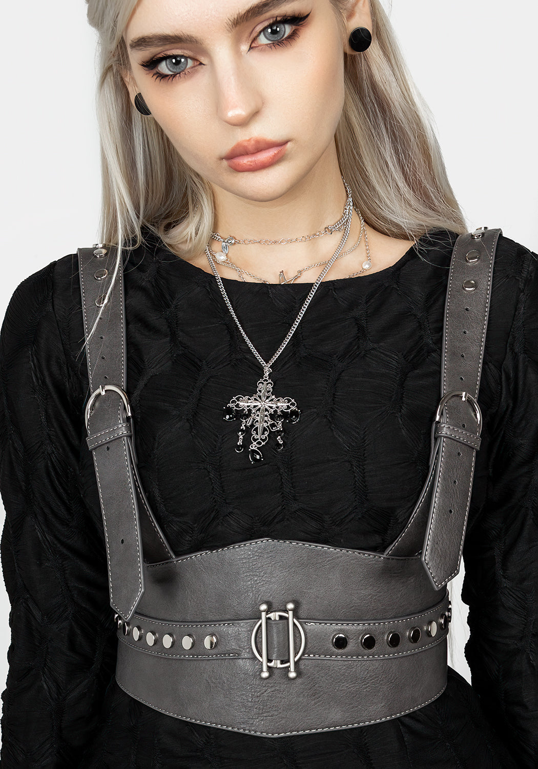 Grey Studded Underbust Belt Harness with Adjustable Buckles | Ciri