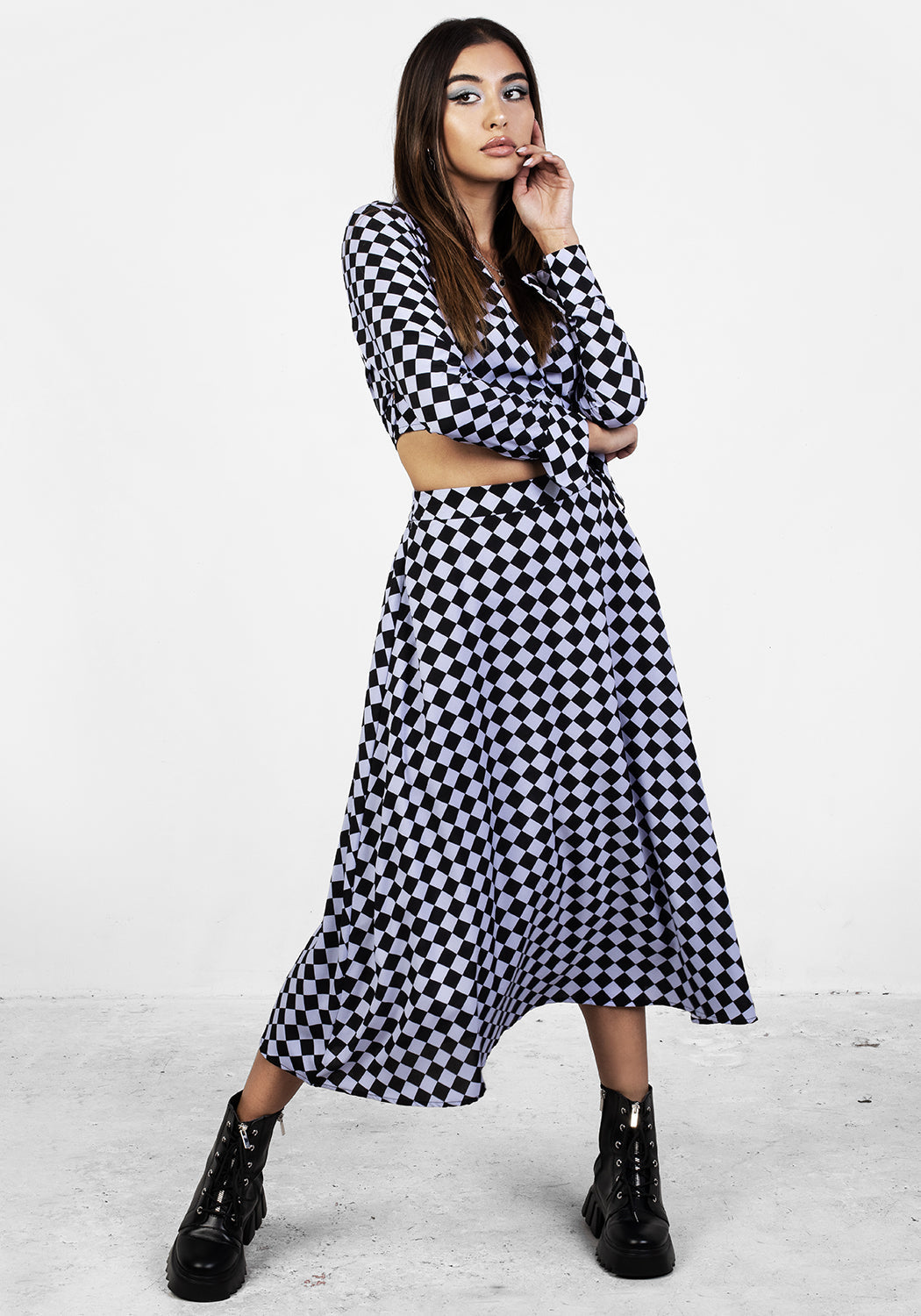 Checkerboard Midi Skirt with Elastic Waist & Soft Pleats | Discordia
