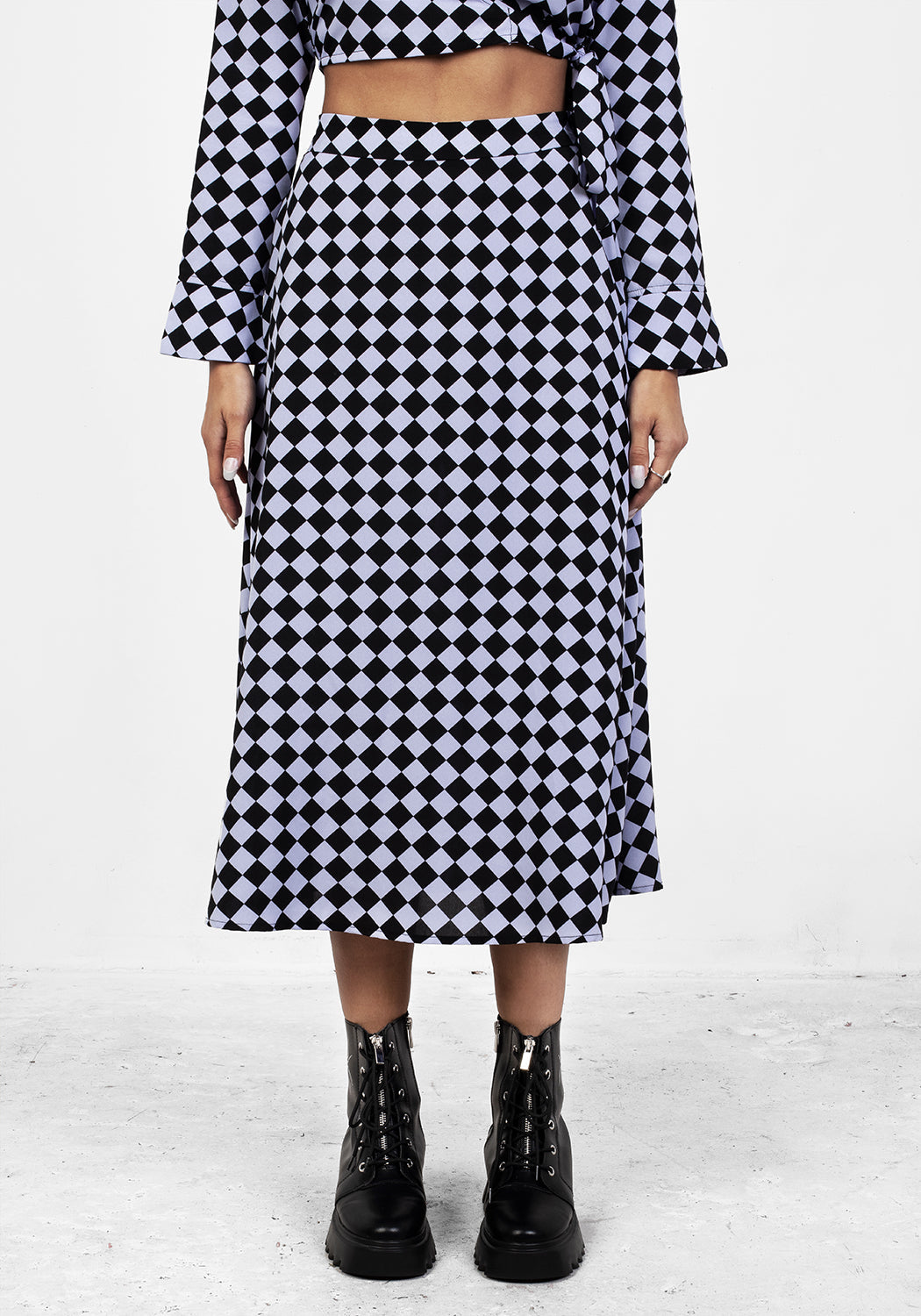 Checkerboard Midi Skirt with Elastic Waist & Soft Pleats | Discordia