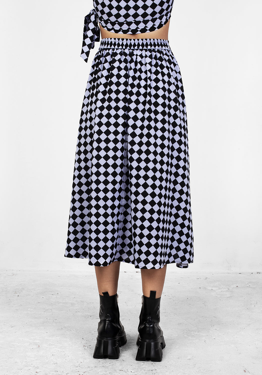 Checkerboard Midi Skirt with Elastic Waist & Soft Pleats | Discordia
