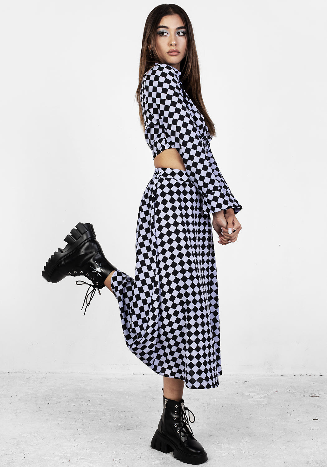 Checkerboard Midi Skirt with Elastic Waist & Soft Pleats | Discordia