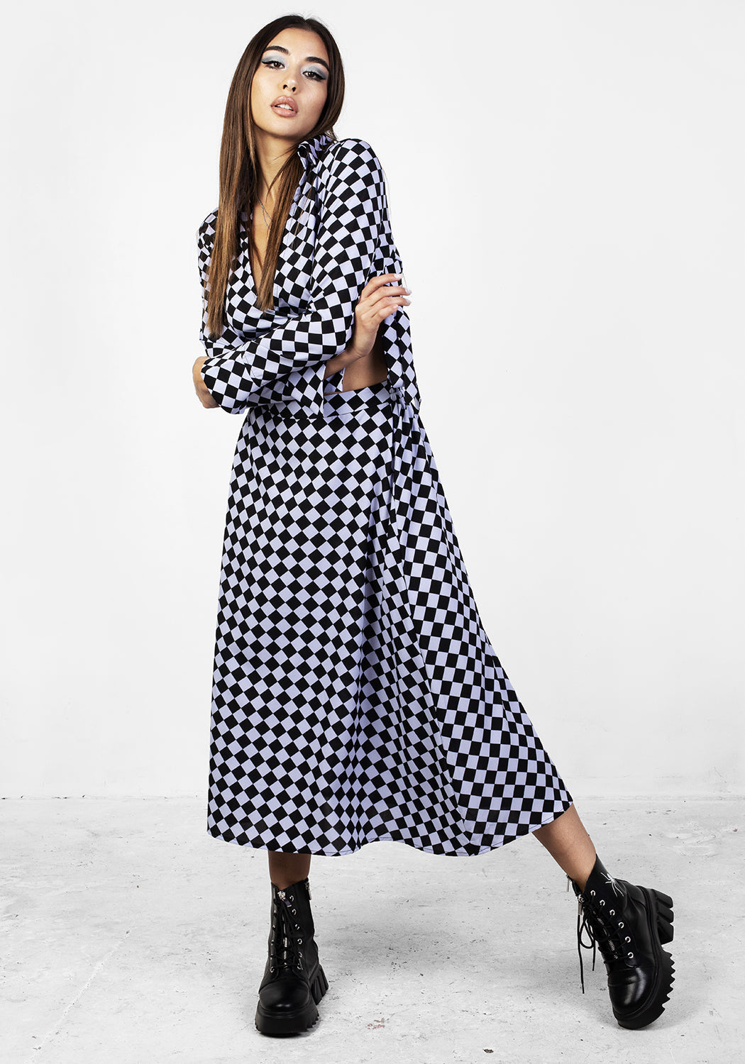 Checkerboard Midi Skirt with Elastic Waist & Soft Pleats | Discordia