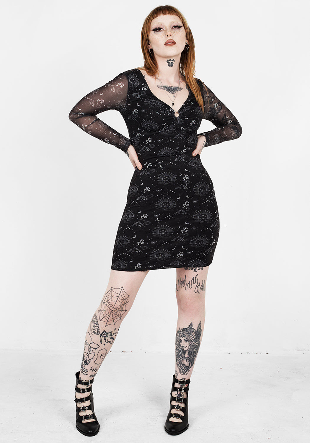 Black V-Neck Mesh Mini Dress with Sheer Sleeves | La La Land