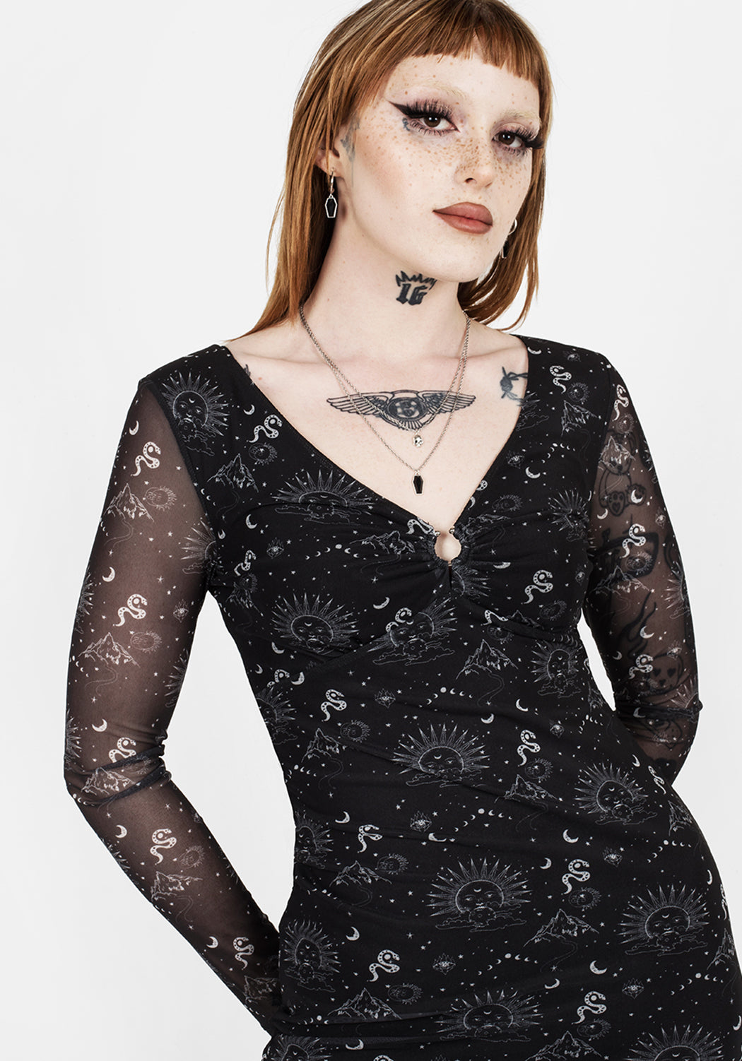 Black V-Neck Mesh Mini Dress with Sheer Sleeves | La La Land