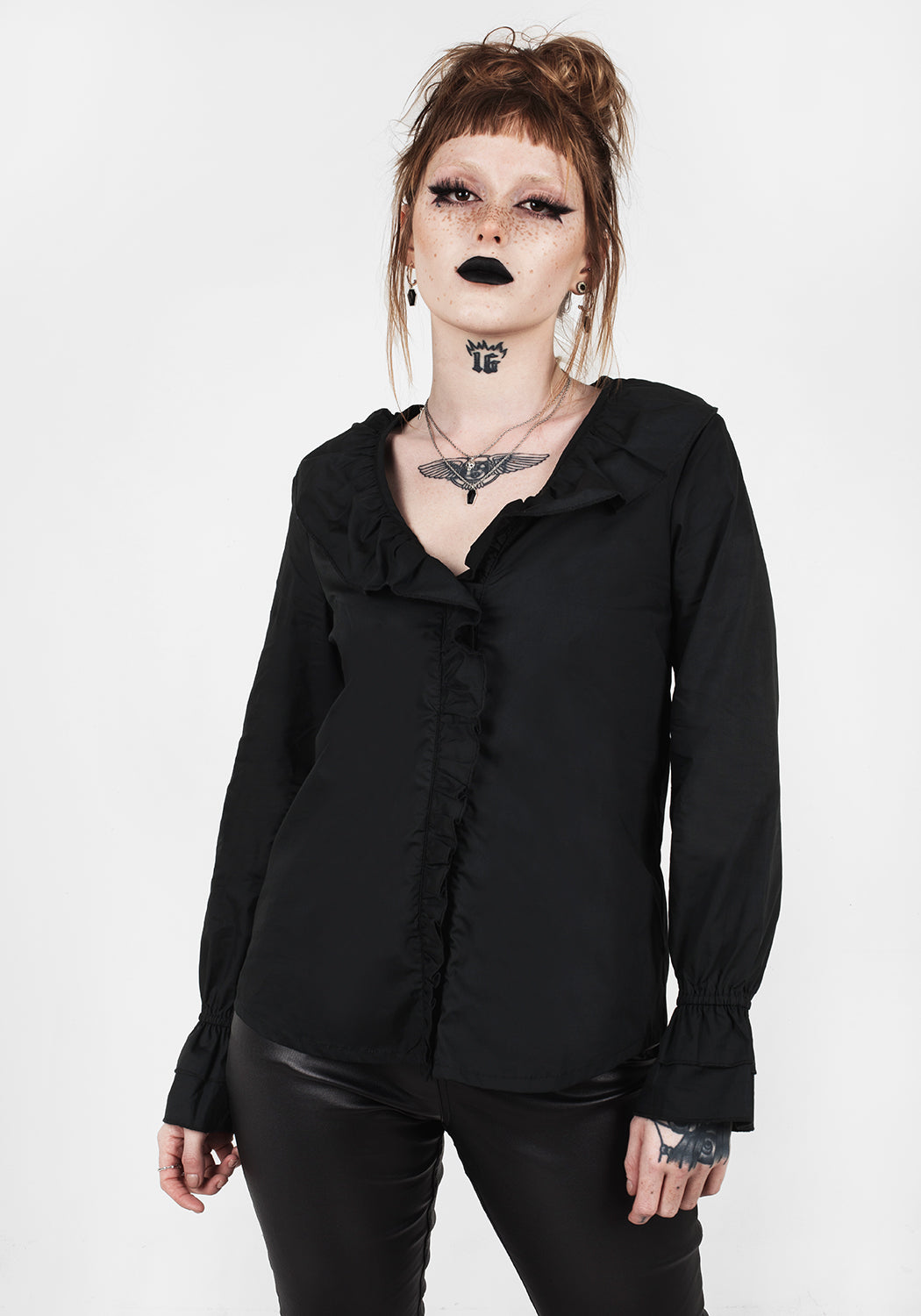Flared Sleeve Cotton Blouse with Ruffle Neck & V-Neckline | Fantomette