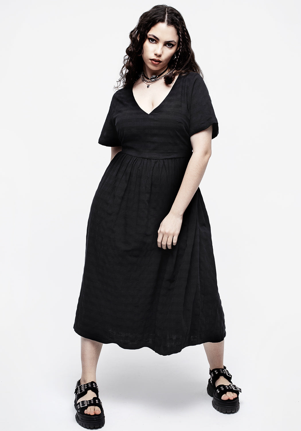 Black Gingham Midi Dress with Tie Back & Keyhole Detail | Lithium