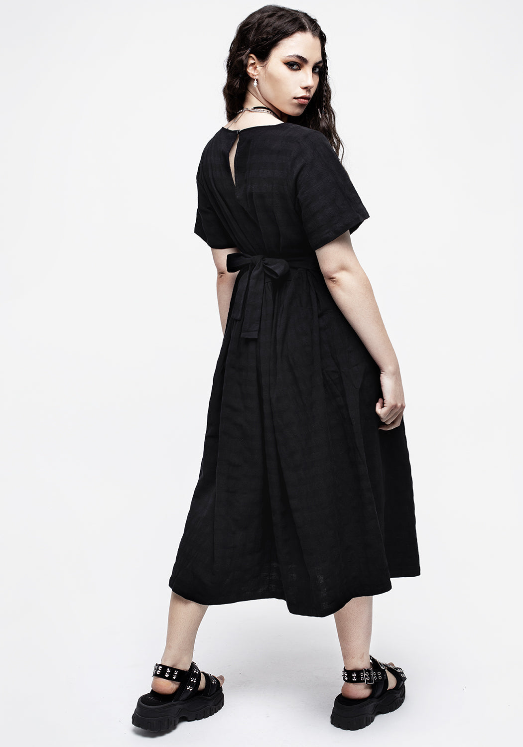 Black Gingham Midi Dress with Tie Back & Keyhole Detail | Lithium