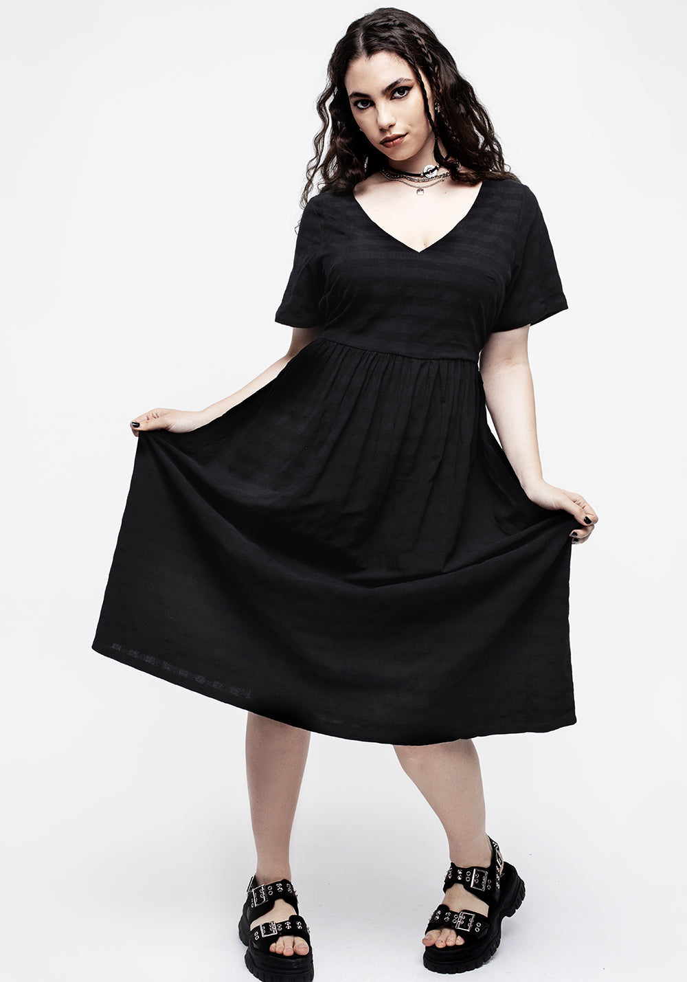 Black Gingham Midi Dress with Tie Back & Keyhole Detail | Lithium