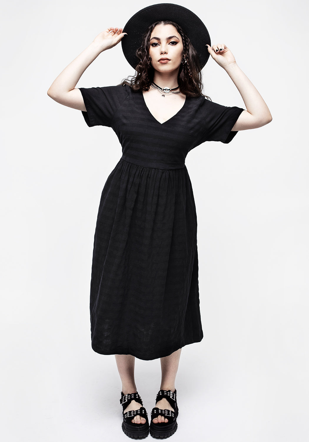 Black Gingham Midi Dress with Tie Back & Keyhole Detail | Lithium