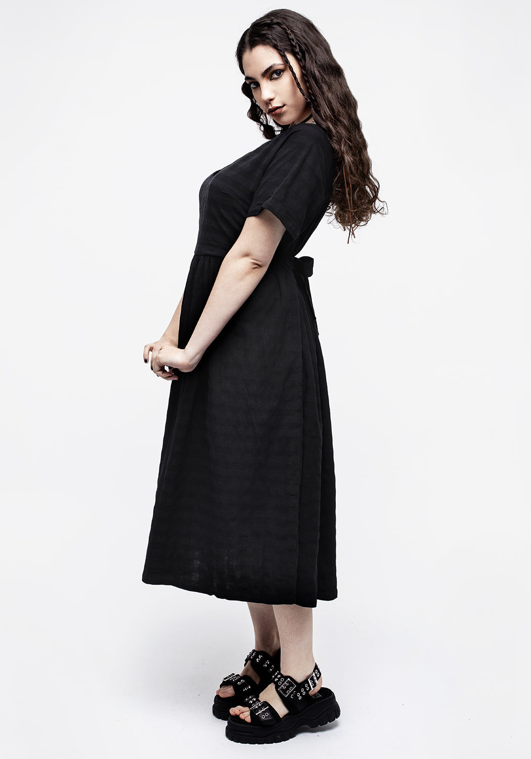 Black Gingham Midi Dress with Tie Back & Keyhole Detail | Lithium