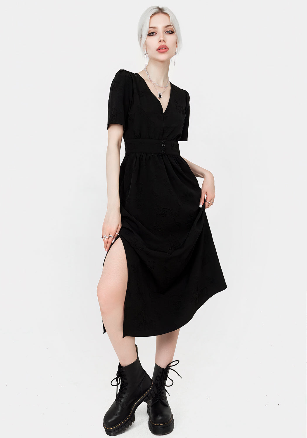 Floral Jacquard V-Neck Midi Dress with Side Splits | Medea
