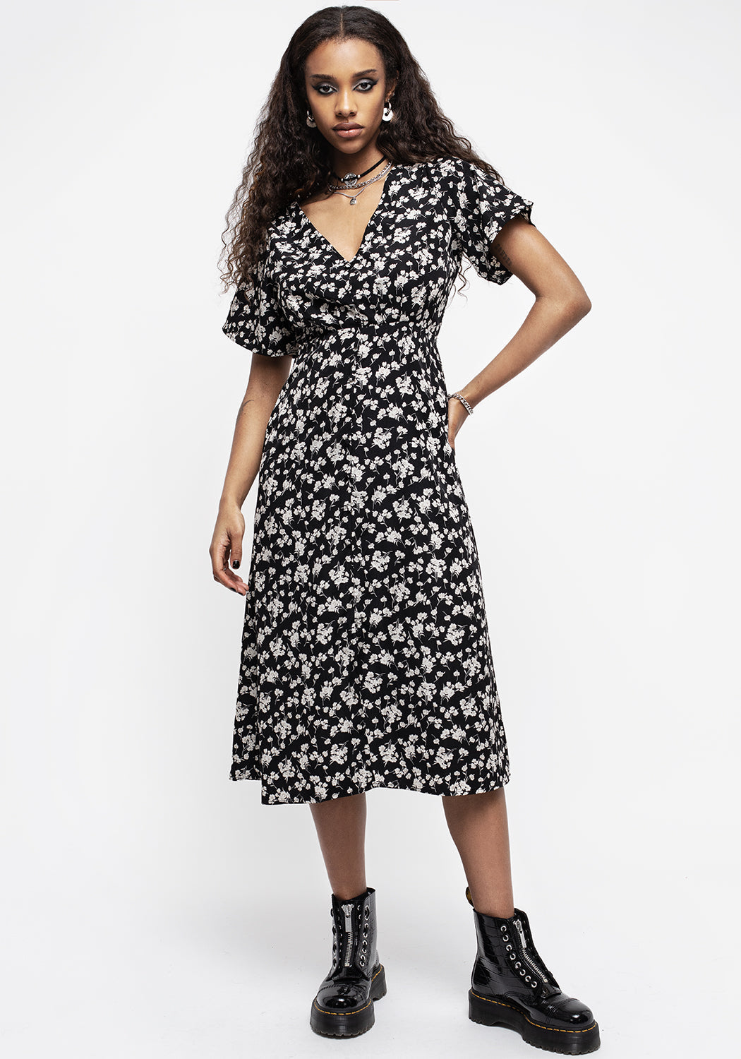 Floral Print V-Neck Midi Dress with Button Front | Demeter