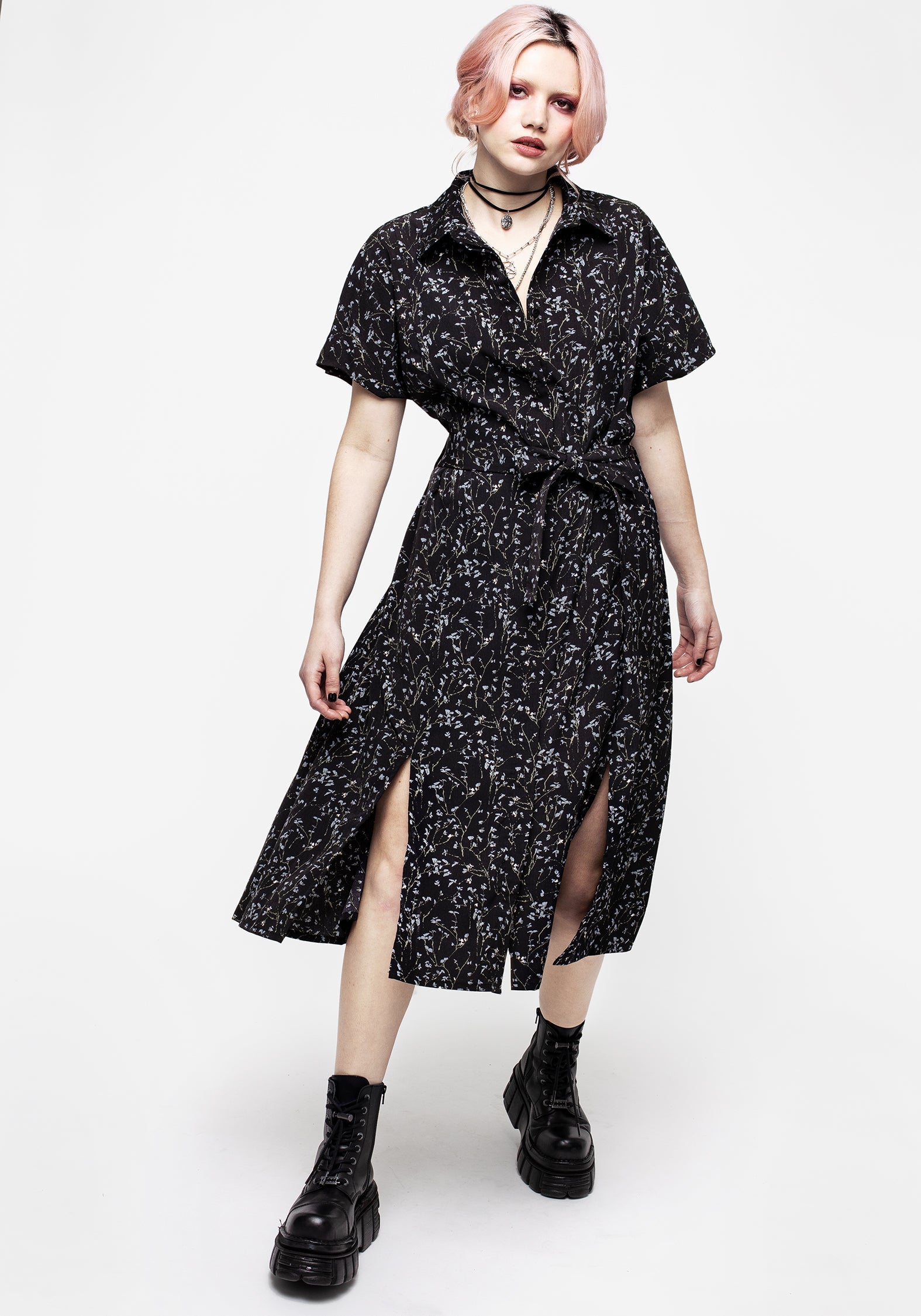 Floral Print Midi Shirt Dress with Belt | Delphinium
