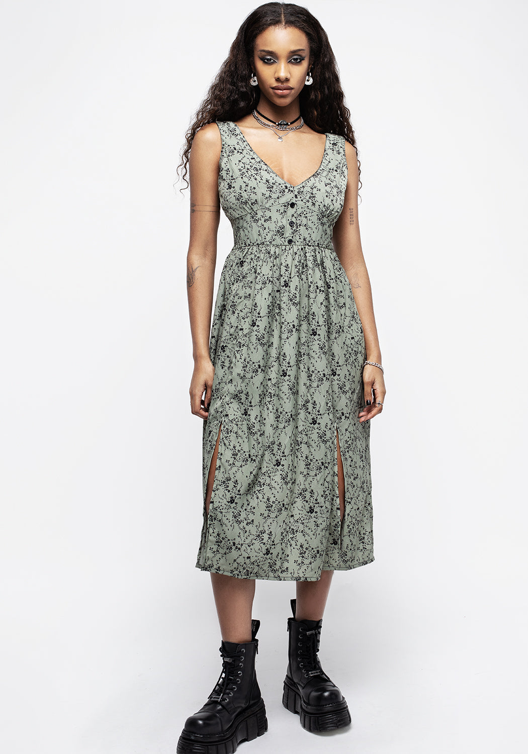 Green Floral Corset Midi Dress with Side Zipper & Split Skirt
