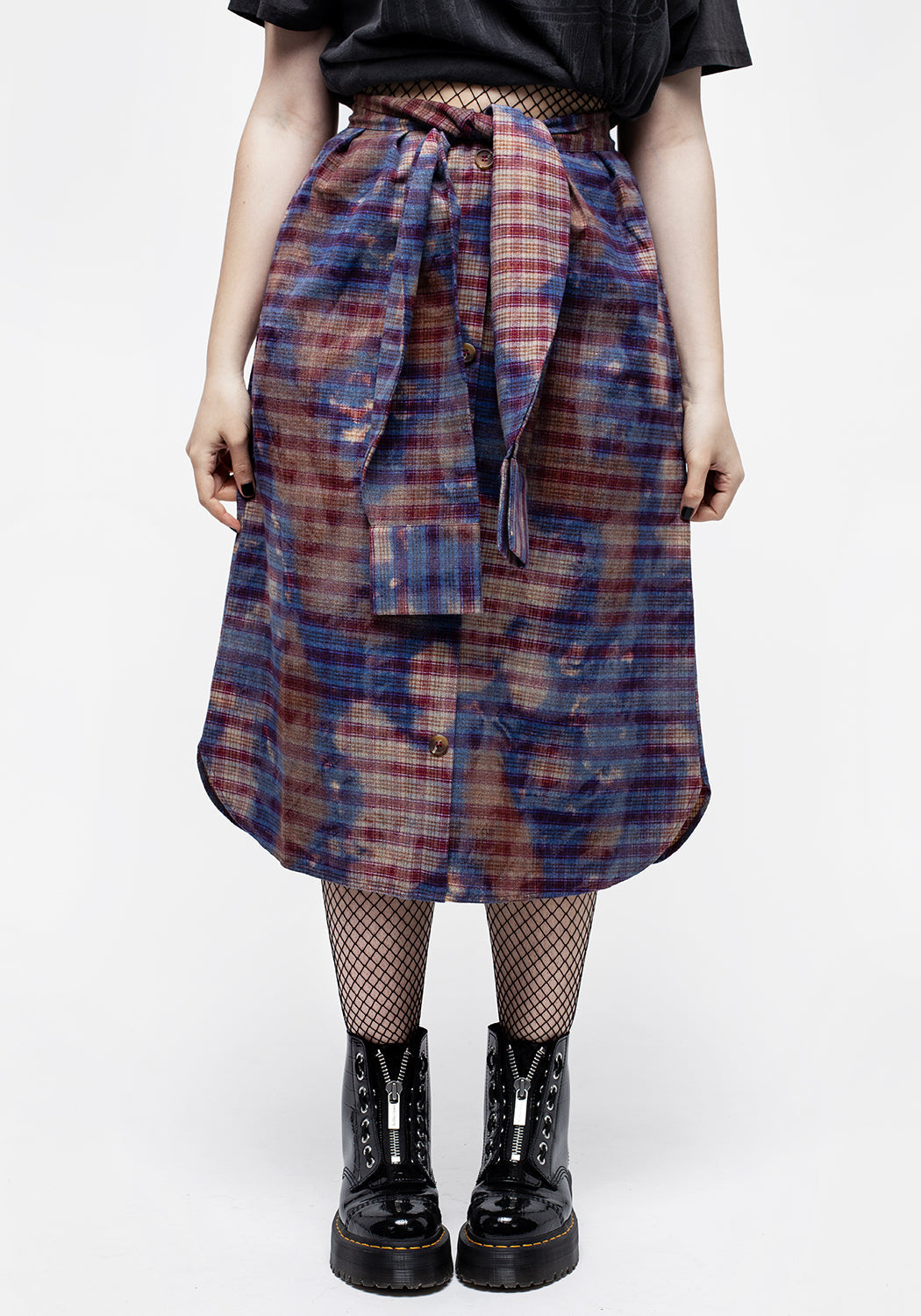 Bleach Wash Check Midi Skirt with Shirt Sleeve Ties | A-Line Design