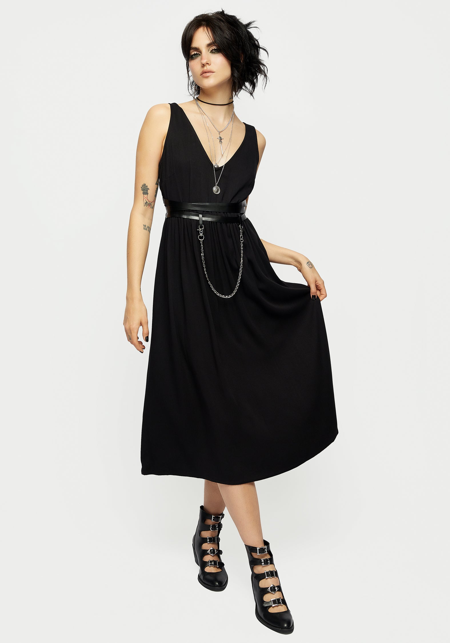 Black V-Neck Sleeveless Chain Midi Dress with Faux Leather Straps