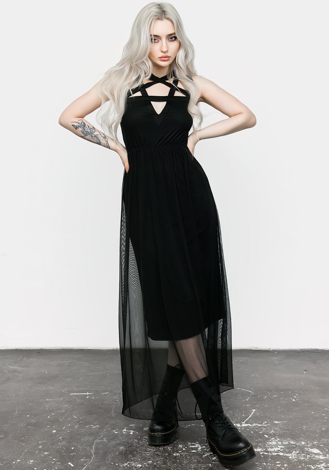 Black Mesh Maxi Dress with Pentagram Neckline | Incantation