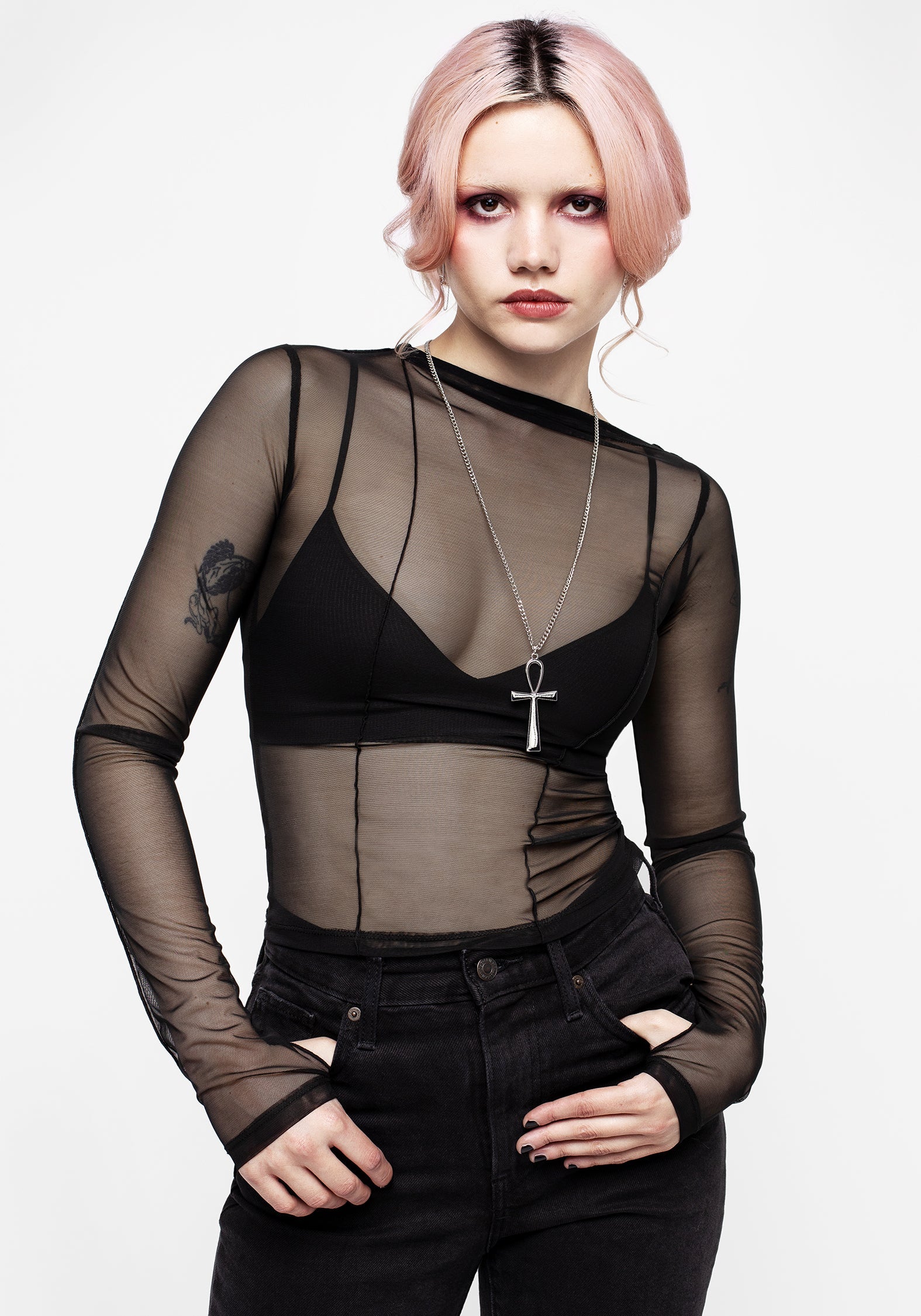 Black Mesh Long-Sleeve Top with Asymmetric Seam | Dissident