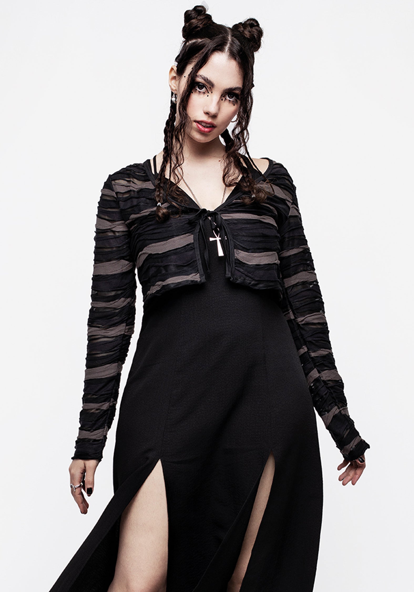 Black & Grey Mesh Tie-Front Cardigan | Cropped Layering Cardi