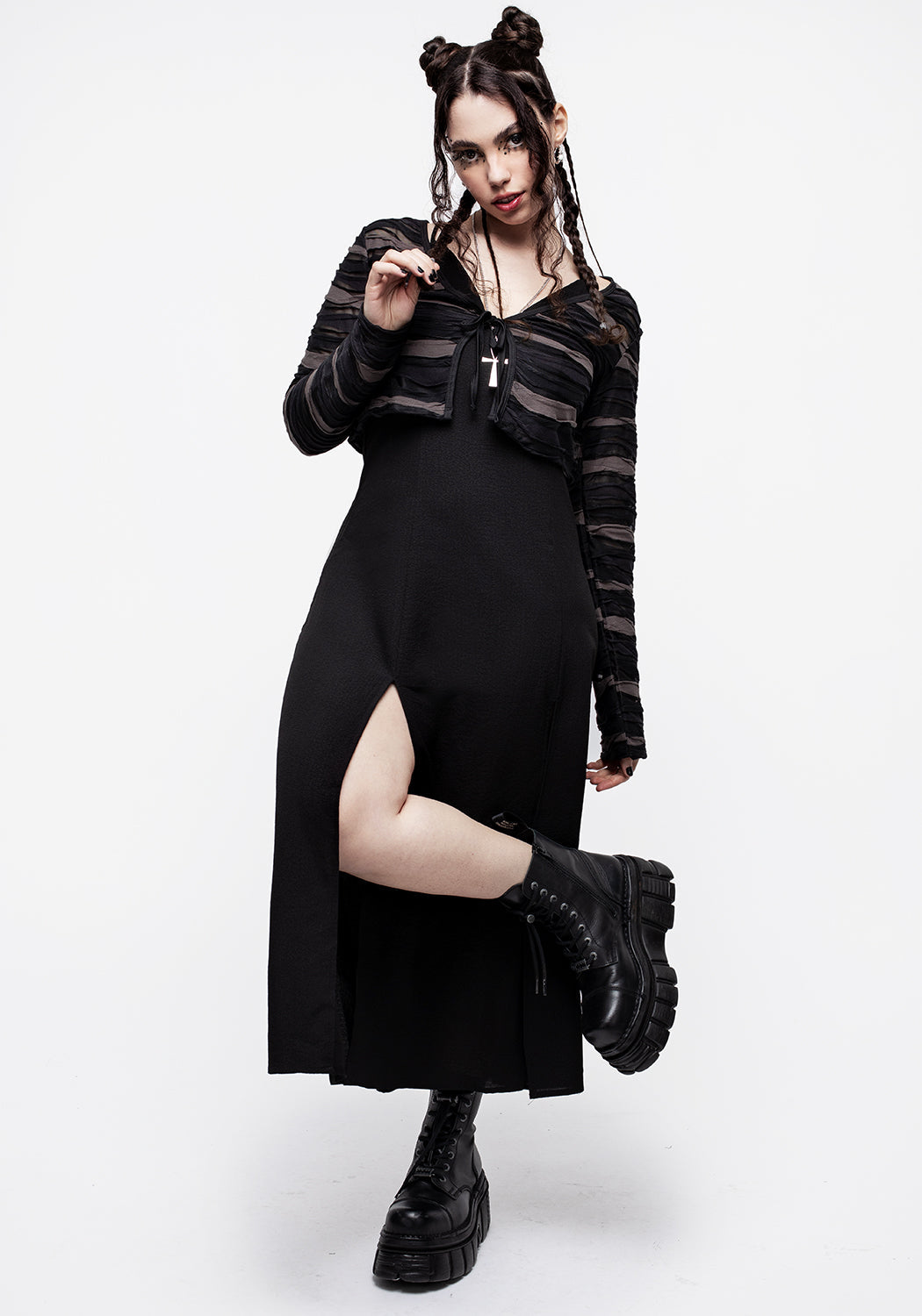 Black & Grey Mesh Tie-Front Cardigan | Cropped Layering Cardi