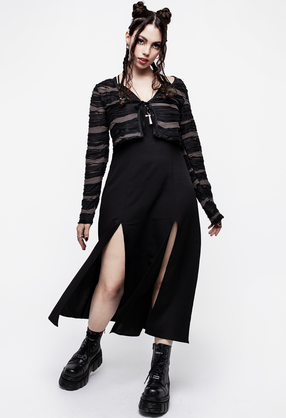 Black & Grey Mesh Tie-Front Cardigan | Cropped Layering Cardi