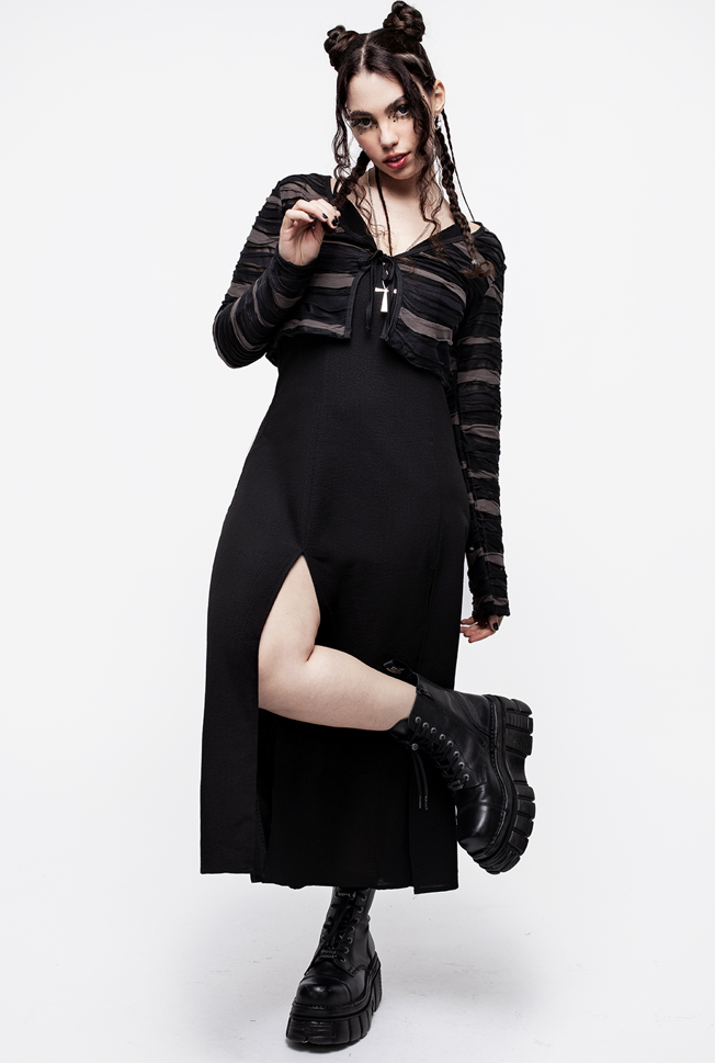 Black & Grey Mesh Tie-Front Cardigan | Cropped Layering Cardi