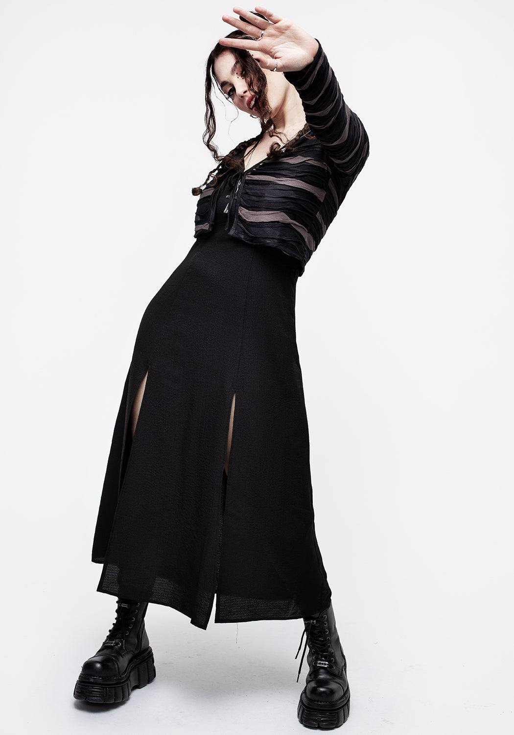 Black & Grey Mesh Tie-Front Cardigan | Cropped Layering Cardi