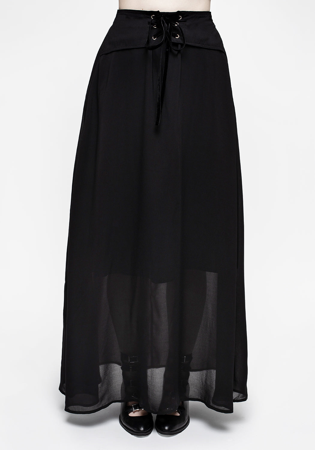 Black Lace-Up Maxi Skirt with Mesh Overlay | Eris
