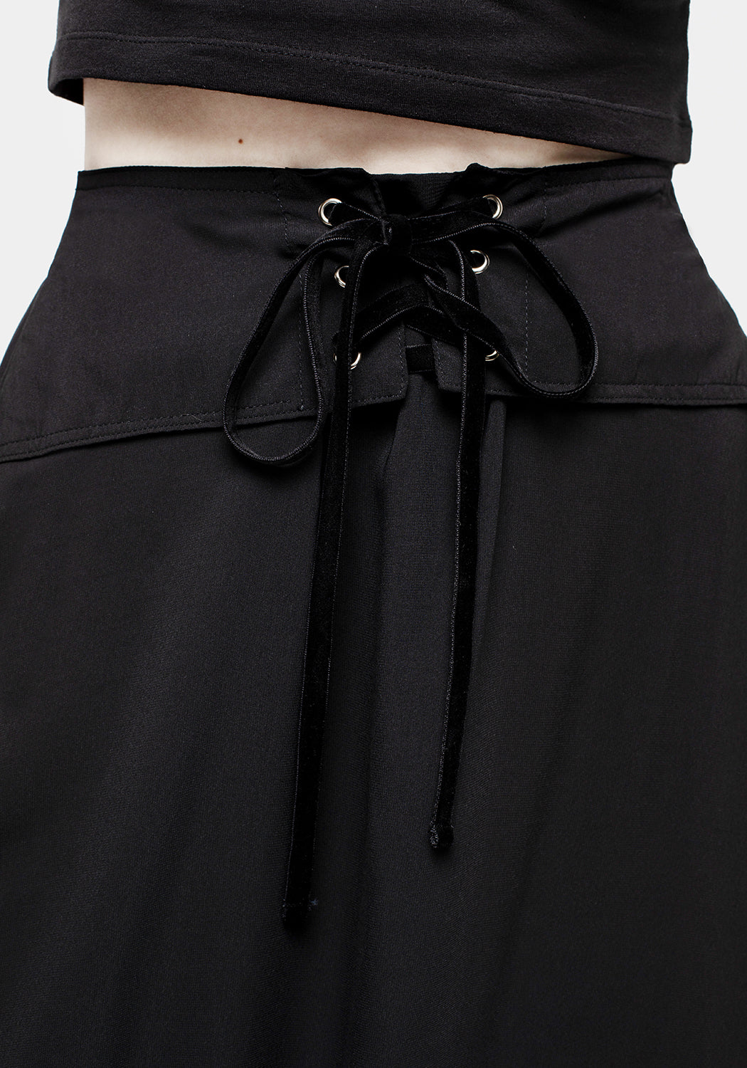 Black Lace-Up Maxi Skirt with Mesh Overlay | Eris