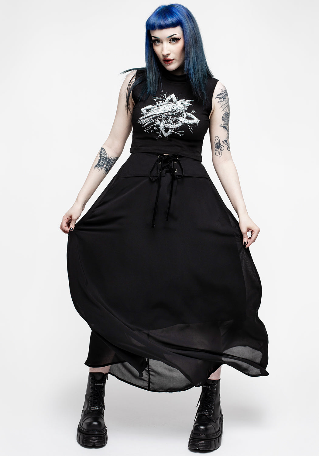 Black Lace-Up Maxi Skirt with Mesh Overlay | Eris