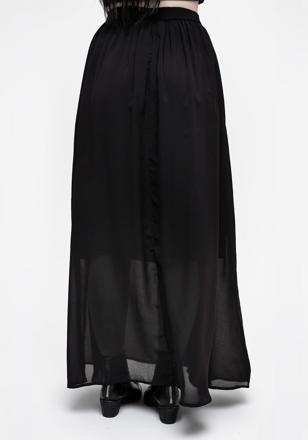 Black Lace-Up Maxi Skirt with Mesh Overlay | Eris