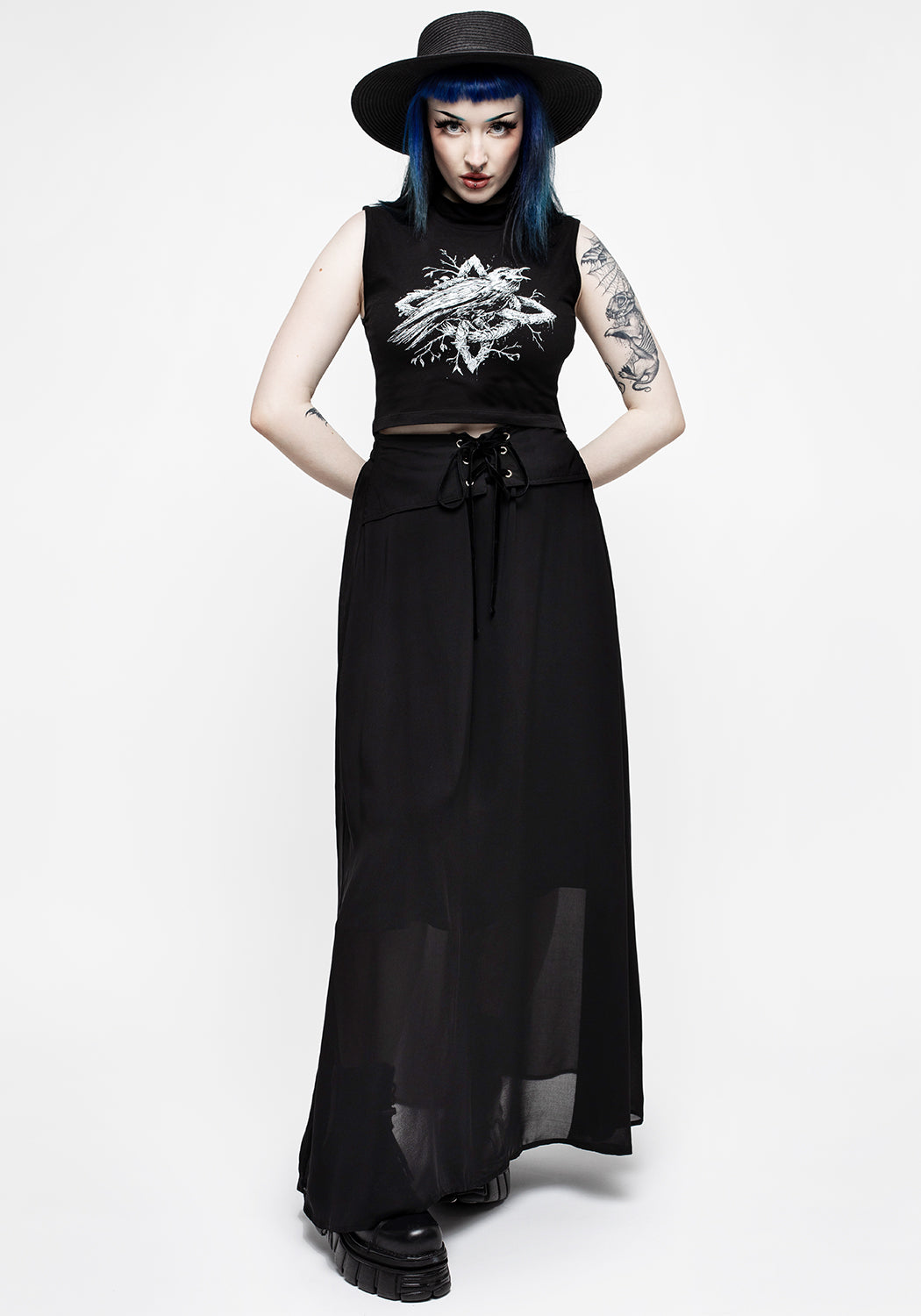 Black Lace-Up Maxi Skirt with Mesh Overlay | Eris