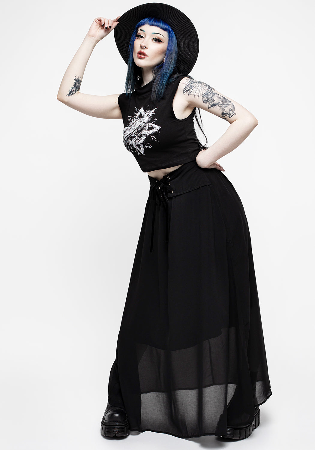 Black Lace-Up Maxi Skirt with Mesh Overlay | Eris