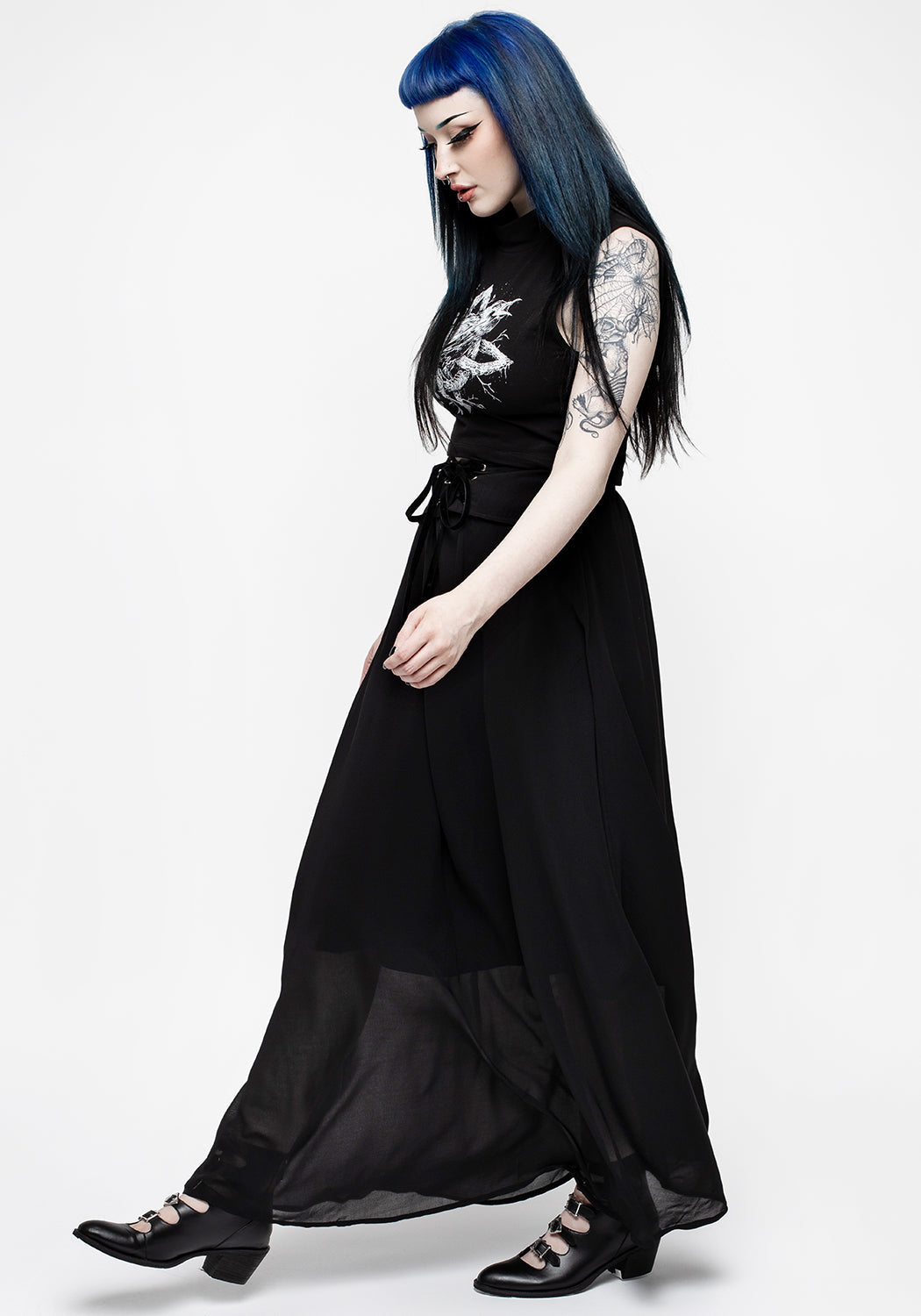 Black Lace-Up Maxi Skirt with Mesh Overlay | Eris