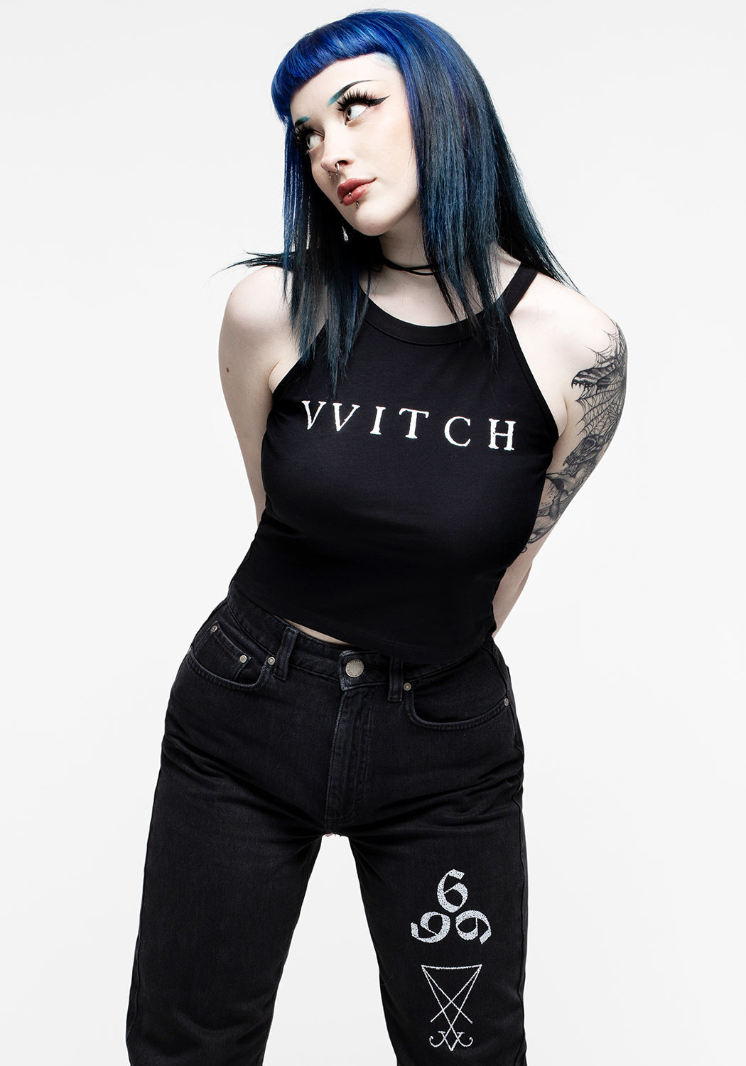 Black Racer Back Crop Vest with Graphic Print | WITCH