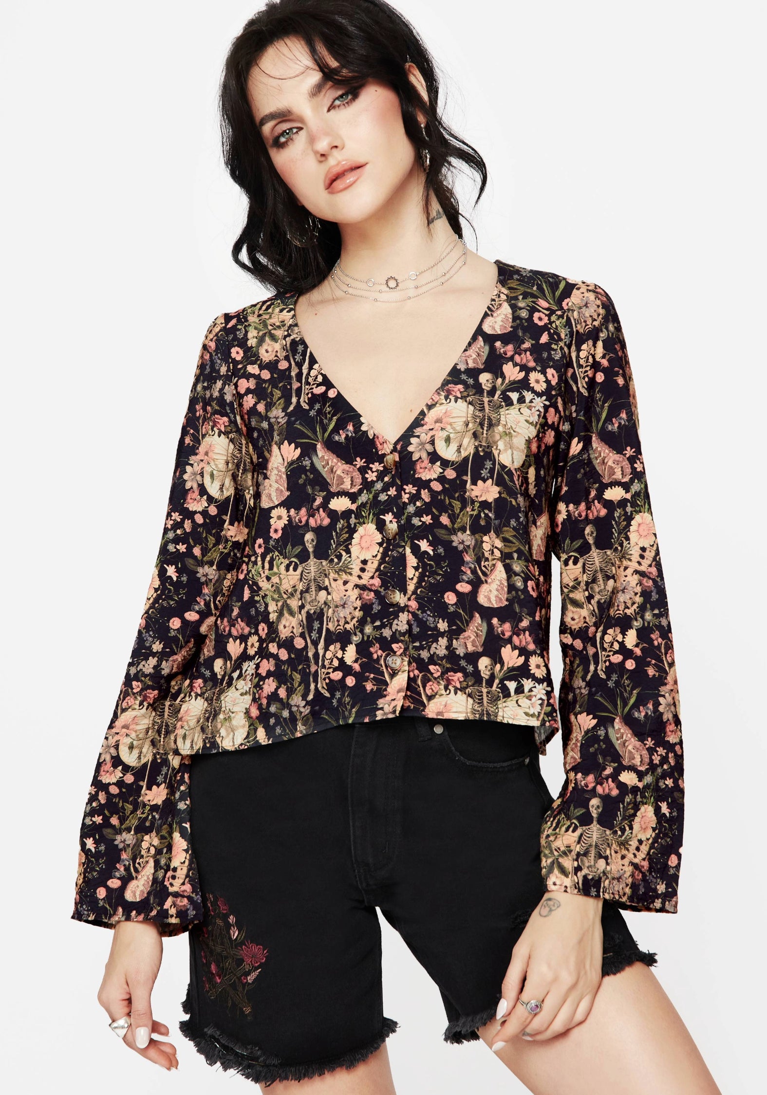Floral Print Button Up Blouse with V-Neck & Long Sleeves | Pixie