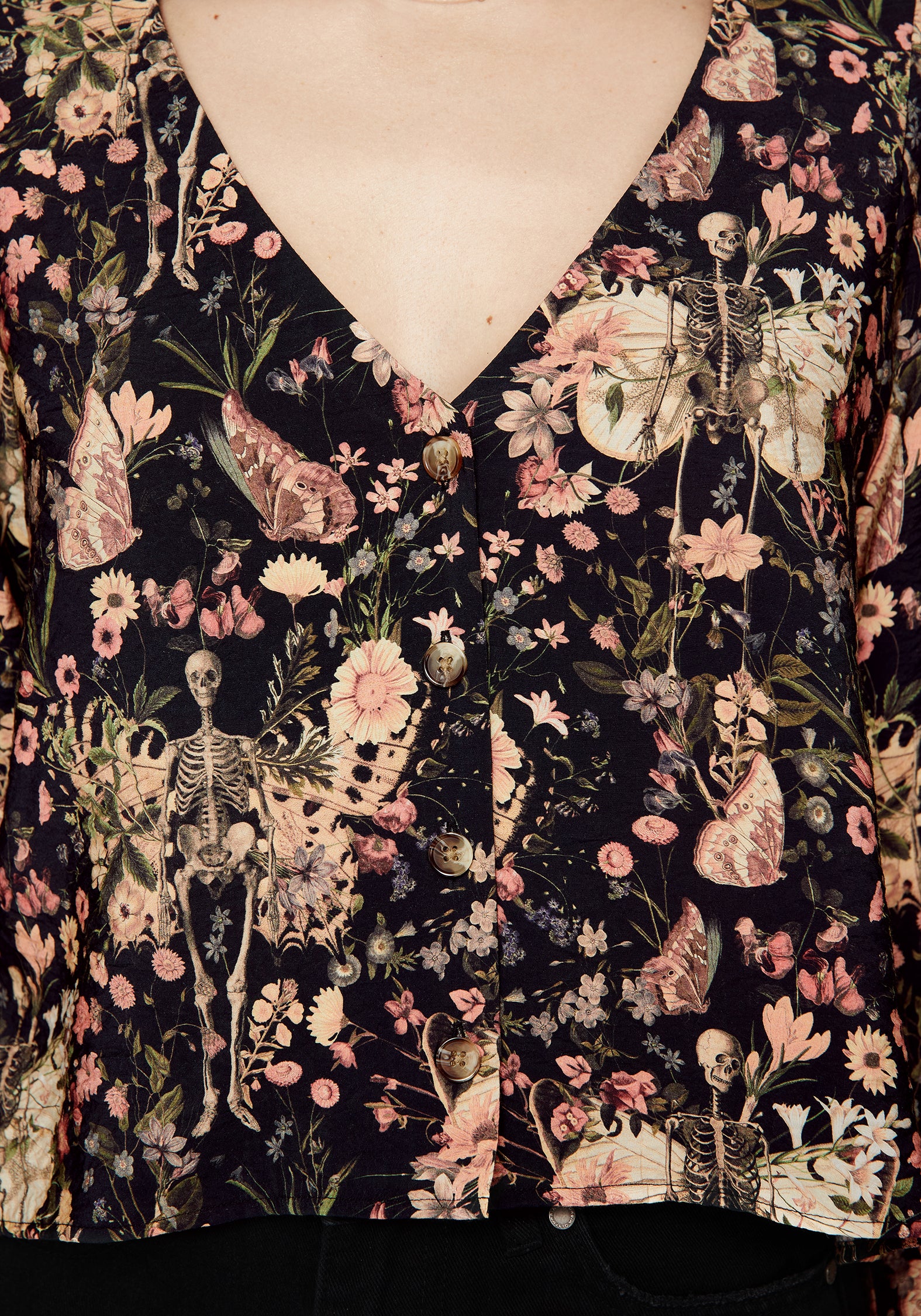 Floral Print Button Up Blouse with V-Neck & Long Sleeves | Pixie