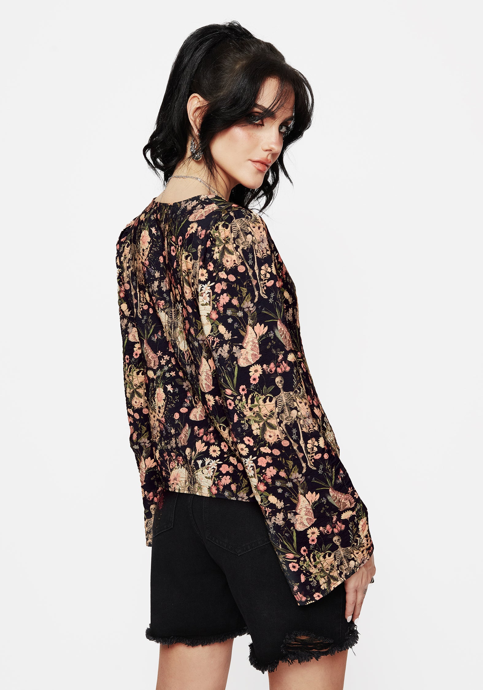 Floral Print Button Up Blouse with V-Neck & Long Sleeves | Pixie
